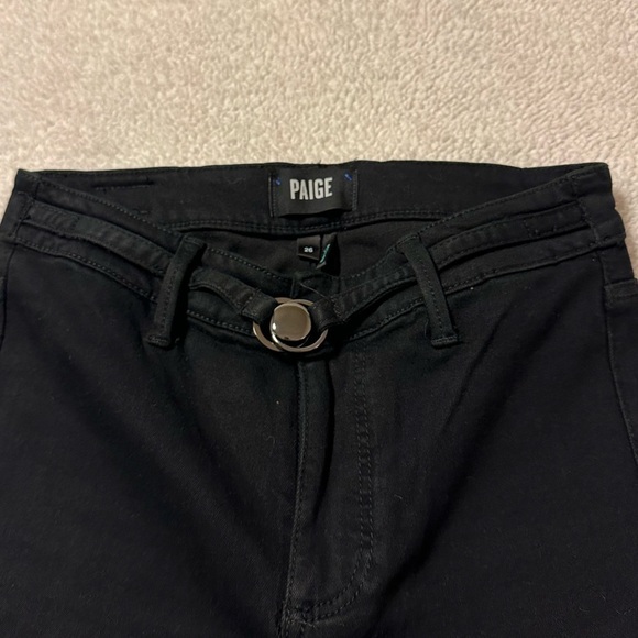 PAIGE Black Shadow Clean Front Genevieve Wide Leg Flare Jeans Buckle Detail - Picture 12 of 16